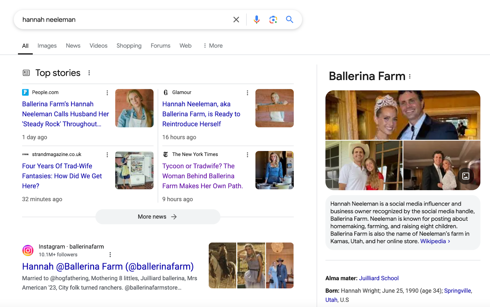 The Google Search Results Page when you Google Ballerina Farm