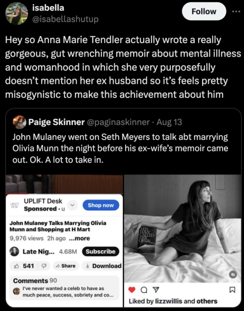 Hey so Anna Marie Tendler actually wrote a really gorgeous, gut wrenching memoir about mental illness and womanhood in which she very purposefully doesn't mention her ex husband so it feels pretty misogynistic to make this achievement about him.